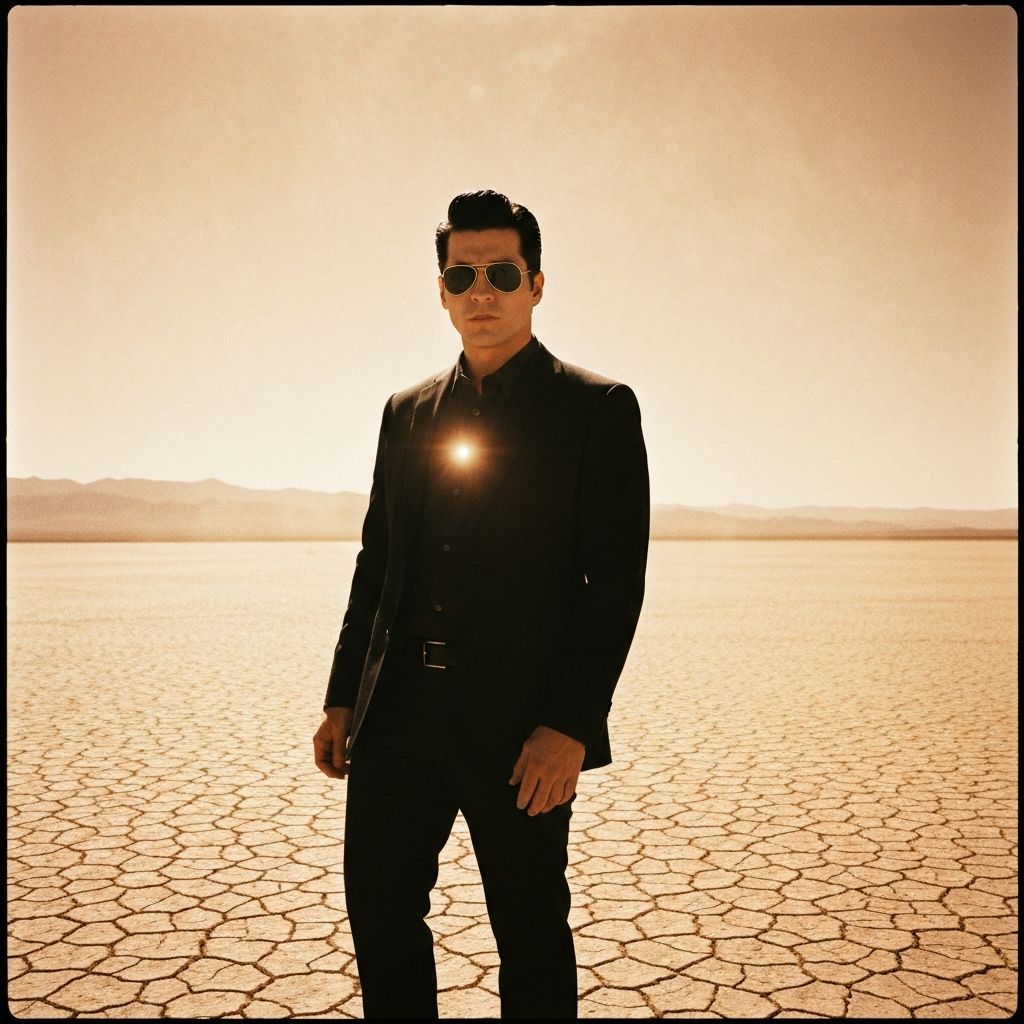Model wearing Killer Shades in harsh desert sunlight, bleached cinematic landscape