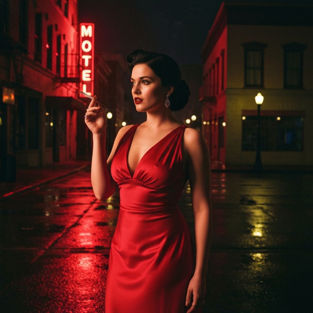 Model wearing Killer Shades under motel red lighting, dark cinematic portrait